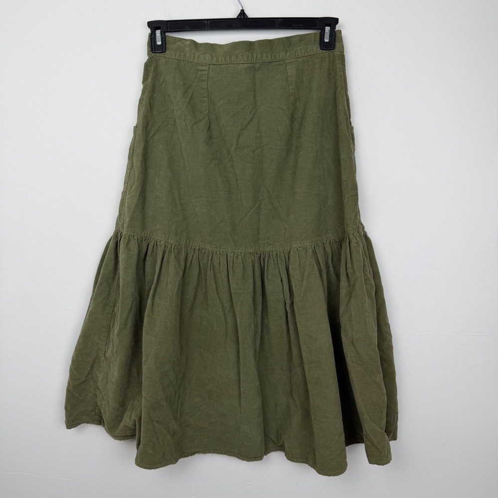 Anthropologie Amadi Olive Green Button Front Tiered Midi Skirt Sz S Made in USA - Picture 8 of 9